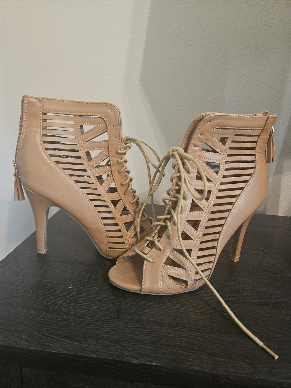 Women's Tan Lace-Up Cutout Heel Booties - Picture 2 of 3